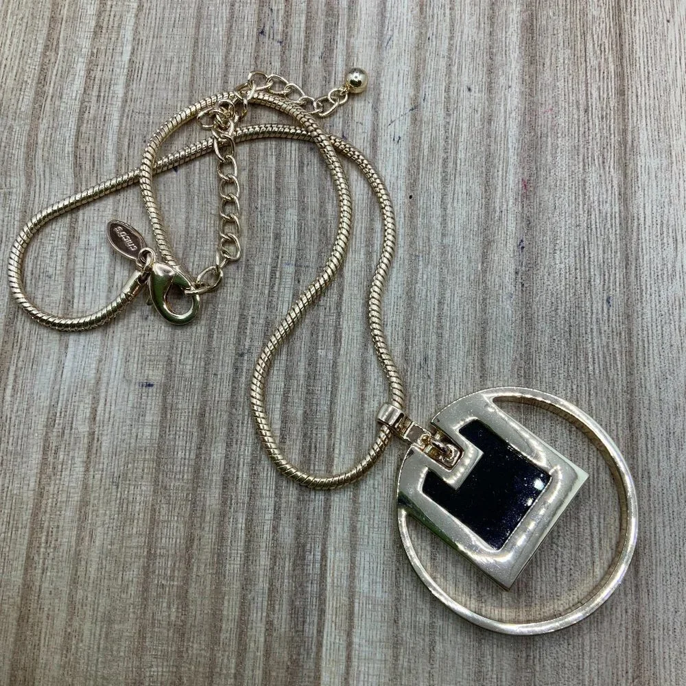 Chico's Openwork Black & Gold Tone Enamel Pendant Necklace